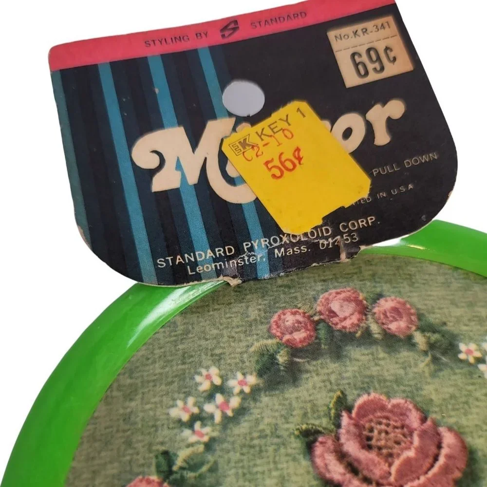 VINTAGE Mid-Century Green & Pink Floral Plastic Handheld Vanity Mirror w Tags!